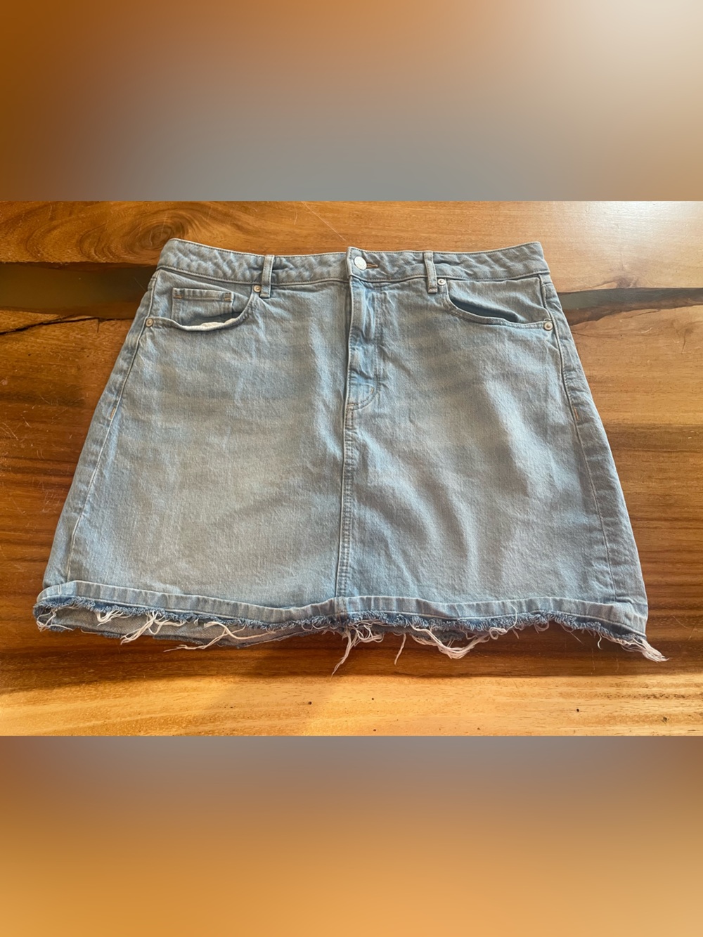 Loft Light Wash Denim Mini Skirt with Frayed Hem, 12